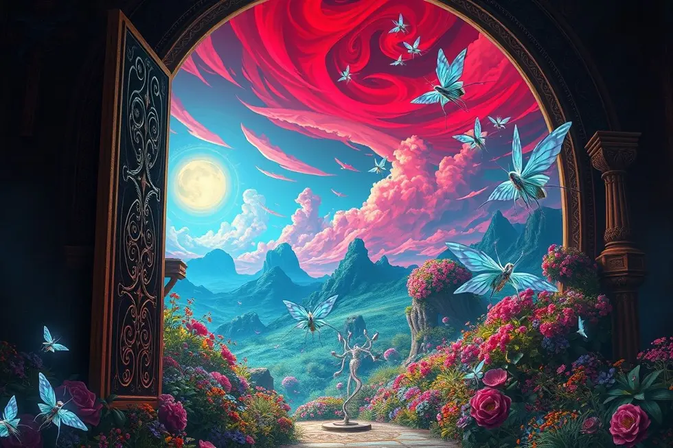 Portal antigo levando a uma dimensão colorida.