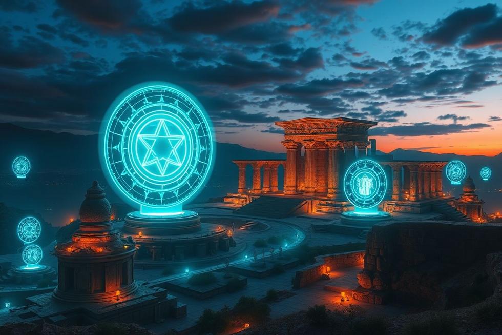 Vista panorâmica de templo antigo com símbolos brilhantes flutuantes, representando tecnologia e mistério.