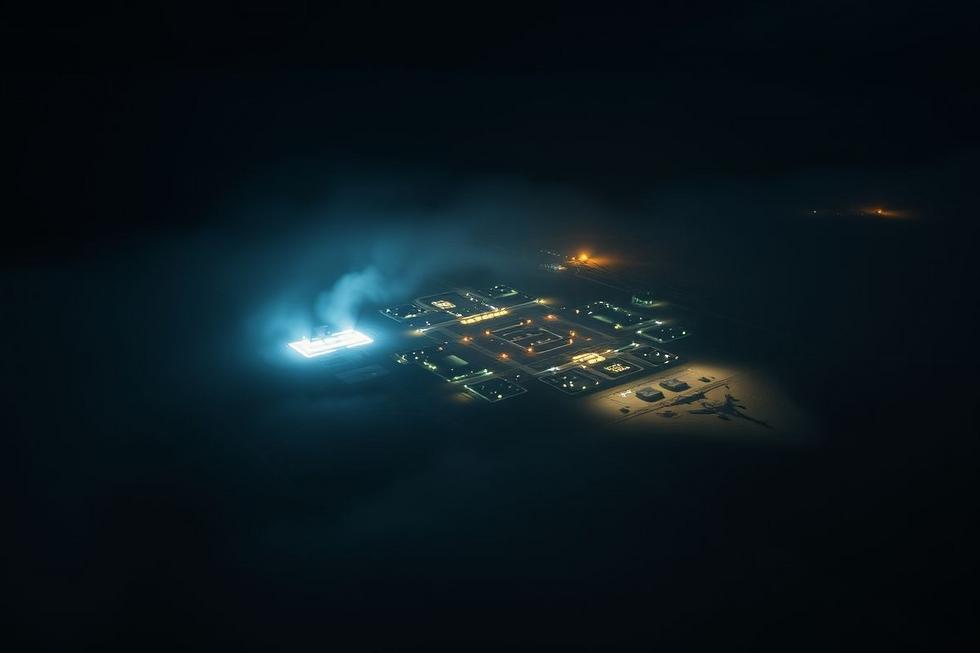 Base secreta iluminada à noite em região desértica, simbolizando o mistério das bases alienígenas.