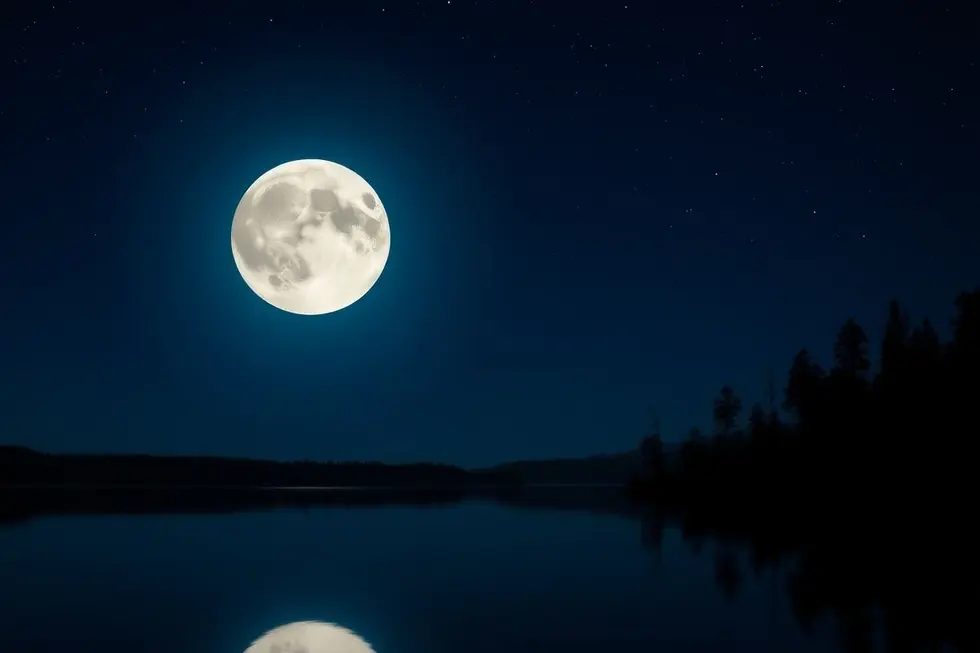 Reflexo da lua cheia Buck sobre um lago tranquilo.