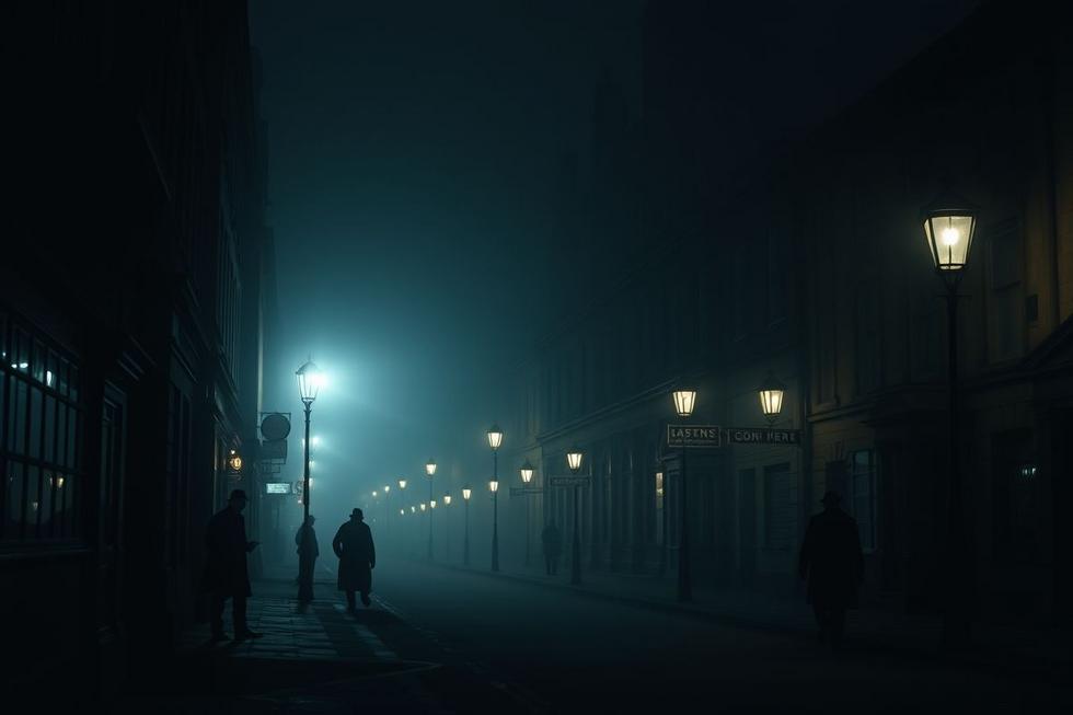 Rua antiga e enevoada da Edimburgo vitoriana com figuras sombreadas e iluminação de lamparinas.