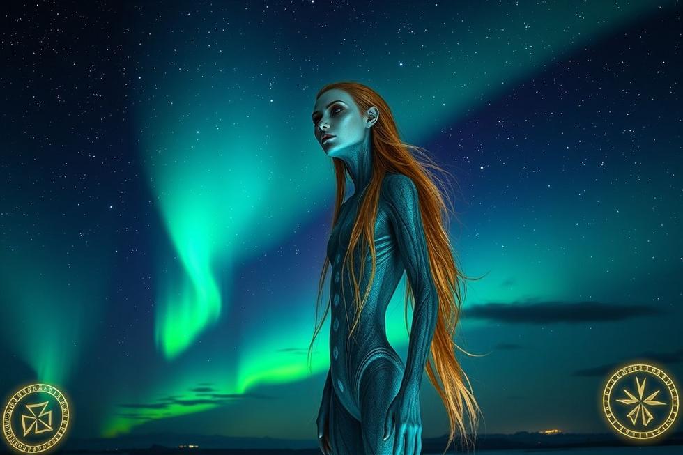 Ser extraterrestre nórdico com cabelo loiro e olhos azuis sob céu estrelado com auroras boreais.