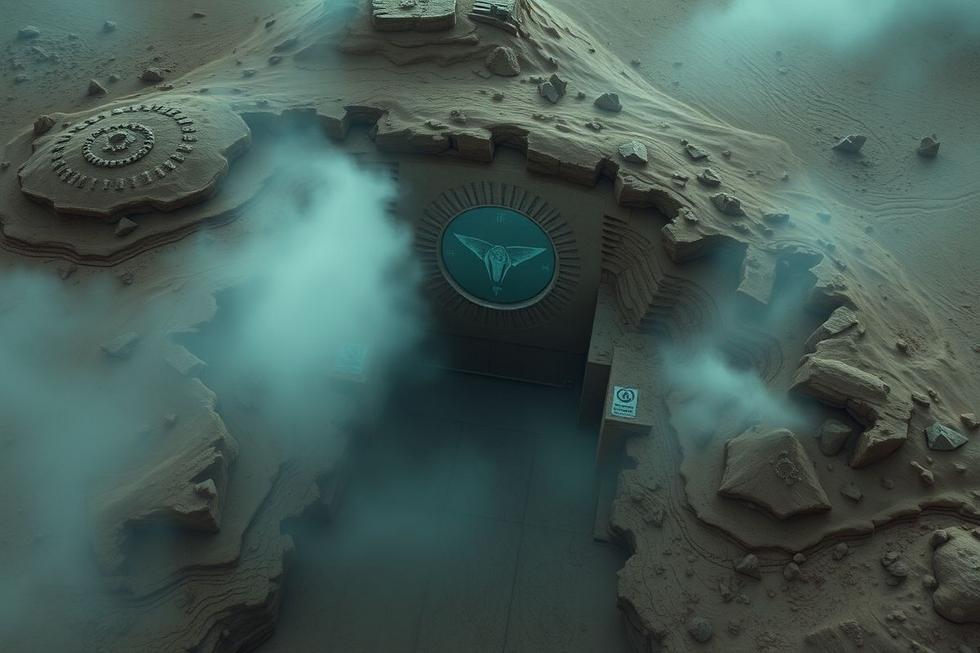 Imagem aérea realista de base subterrânea secreta no deserto dos EUA com símbolos alienígenas próximos à entrada.