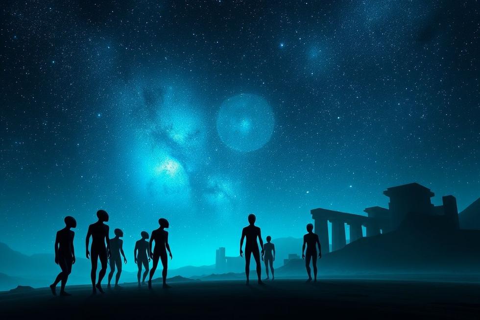 Civilizações alienígenas humanoides sob céu estrelado com galáxias e ruínas antigas iluminadas por luzes azuis e verdes.