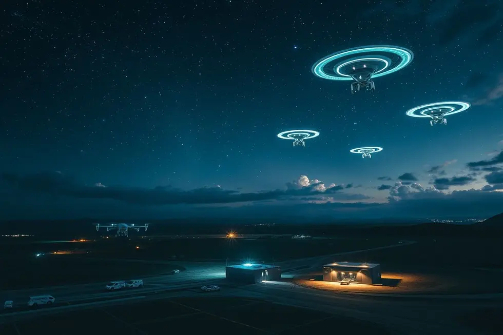 Drones militares voando à noite com luzes azuis e objetos voadores não identificados brilhando no céu estrelado sobre base militar secreta.