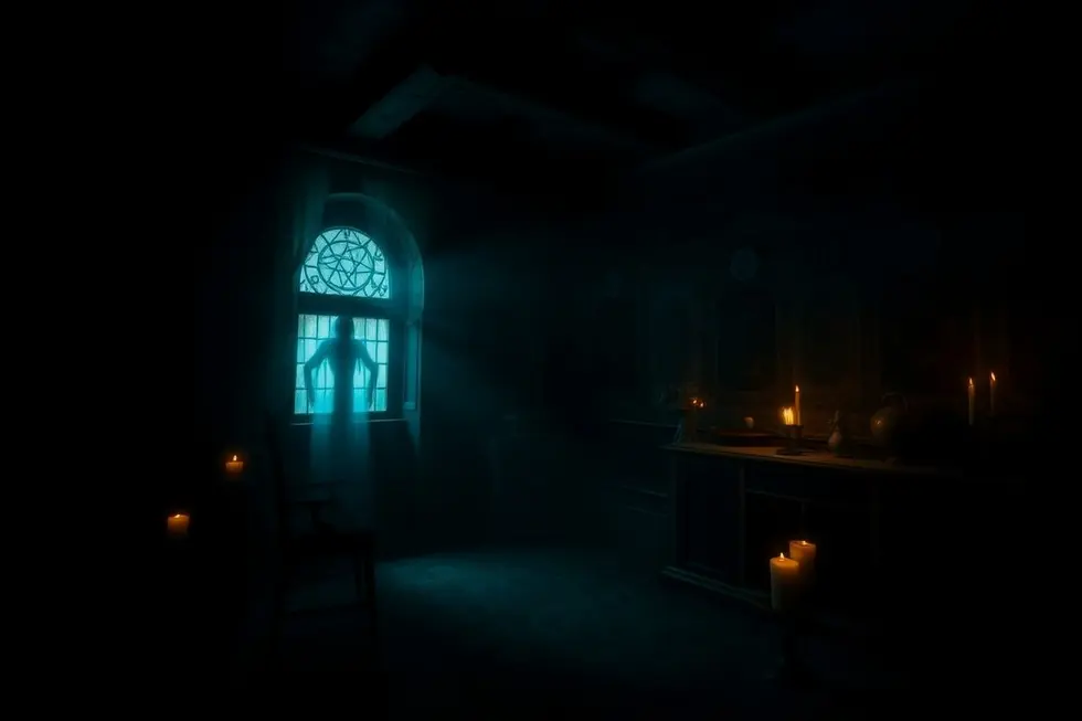 Sala escura com símbolos ocultos e luzes fantasmas que representam o ambiente misterioso e sobrenatural da Casa Dark.