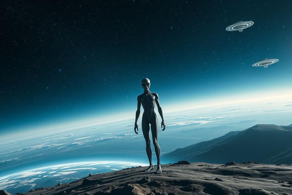 Ser híbrido com características humanas e alienígenas sob céu estrelado com ovnis ao fundo.
