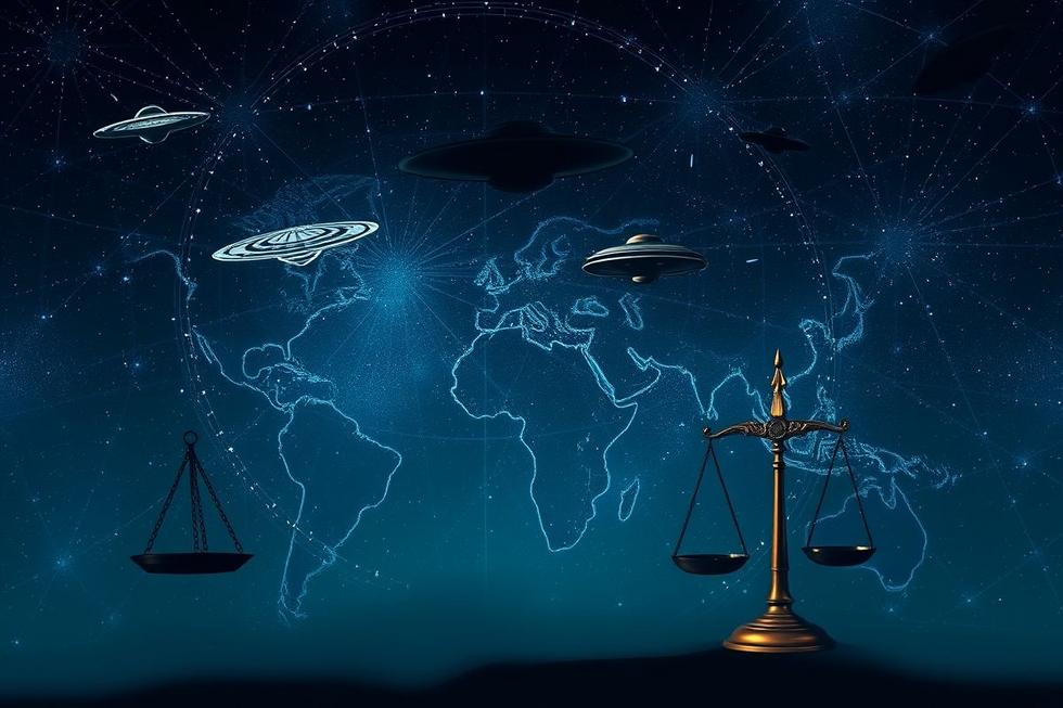 Céu noturno com silhuetas de objetos voadores não identificados sobre mapa mundi legalmente representado.