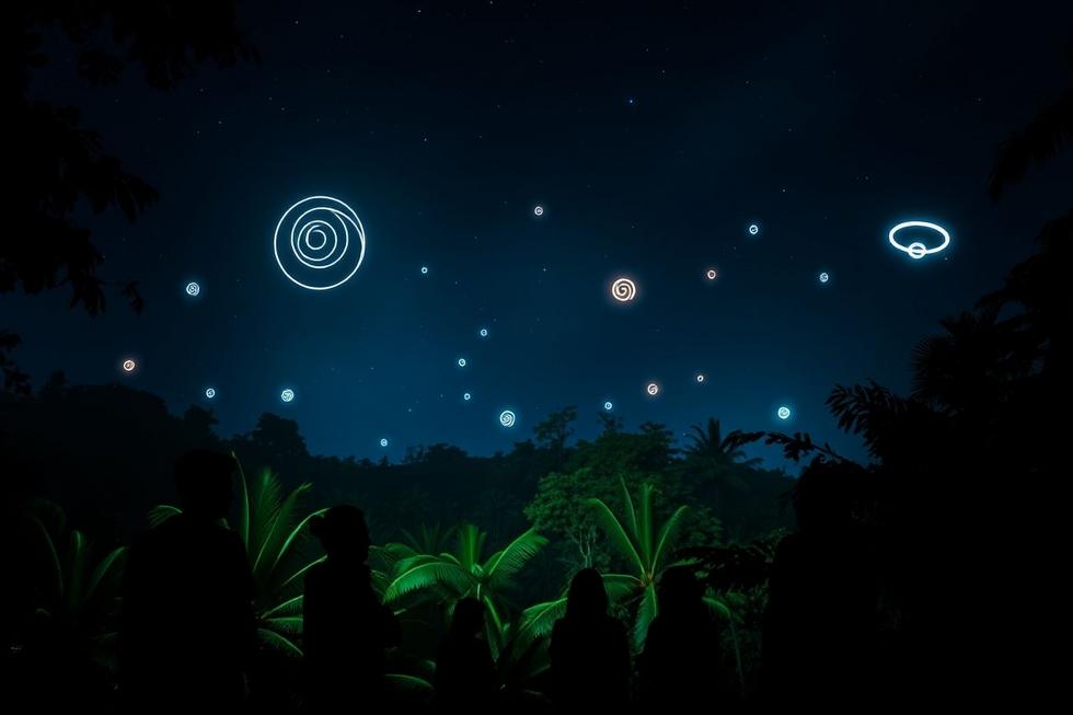 Luzes estranhas no céu noturno da floresta amazônica com pessoas observando assustadas e fascinadas