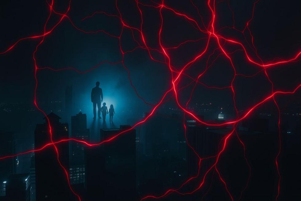 Fios vermelhos entrelaçados sobre cenário noturno sombrio com silhuetas familiares fantasmagóricas, simbolizando os laços de sangue no filme.