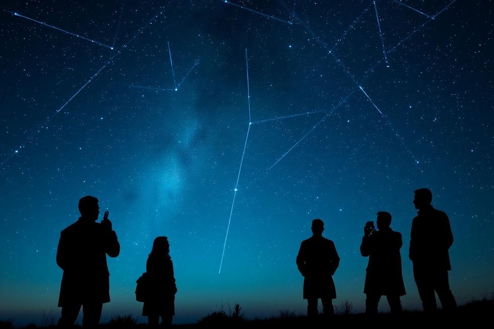Imagem mostrando pesquisadores e legisladores observando o céu noturno com luzes misteriosas representando os UAPs.