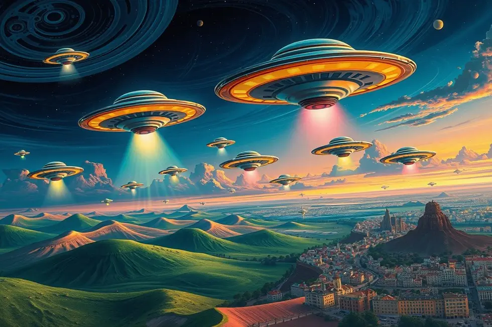 Uma representação artística de OVNIs viajando pelo cosmos.