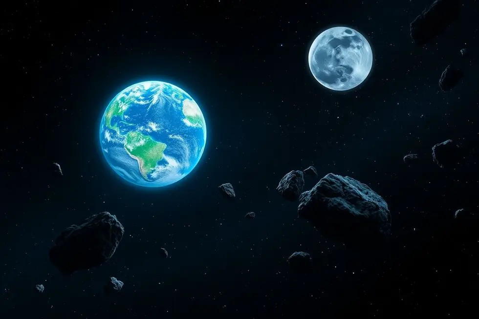 Representação da Terra, da Lua e de asteroides no espaço.