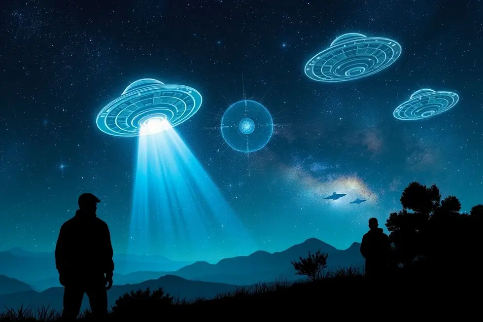 Paisagem cósmica com UFOs no céu estrelado.