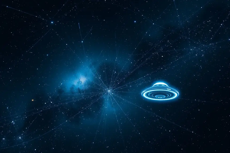 Cenário cósmico com estrelas e um OVNI impressionante.