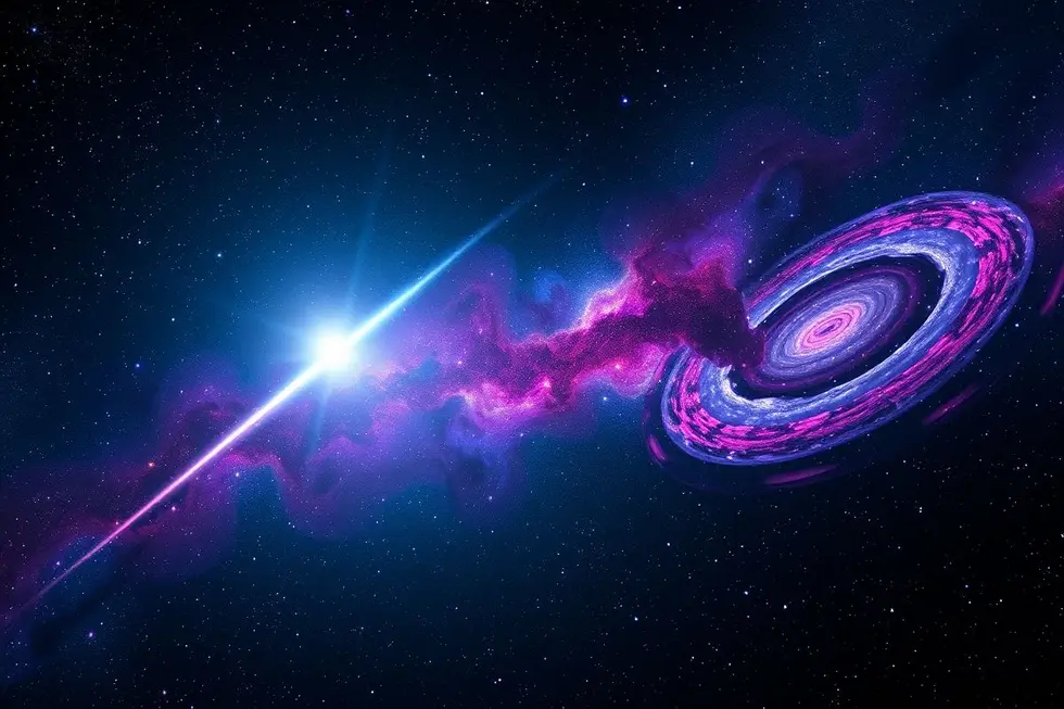 Vista impressionante do espaço com o cometa 3I/ATLAS brilhando entre estrelas e nebulosas.