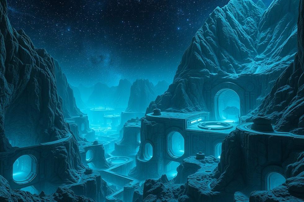 Base subterrânea alienígena integrada a montanha rochosa, iluminada com luzes azuis suaves sob céu estrelado.