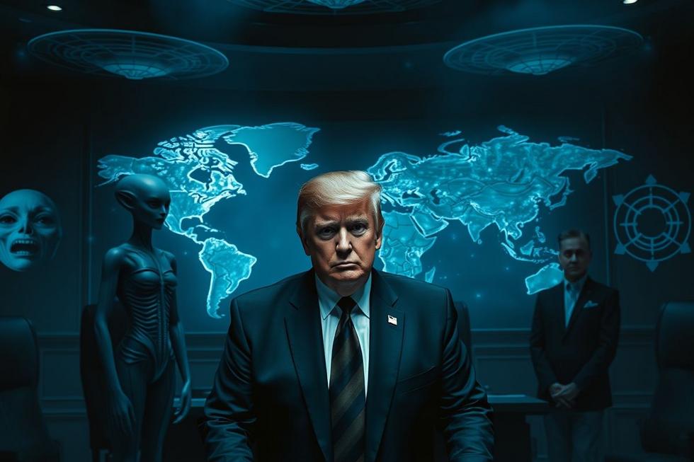 Imagem fotorrealista mostrando um alienígena nórdico, híbrido humano-alien e Donald Trump em reunião confidencial.