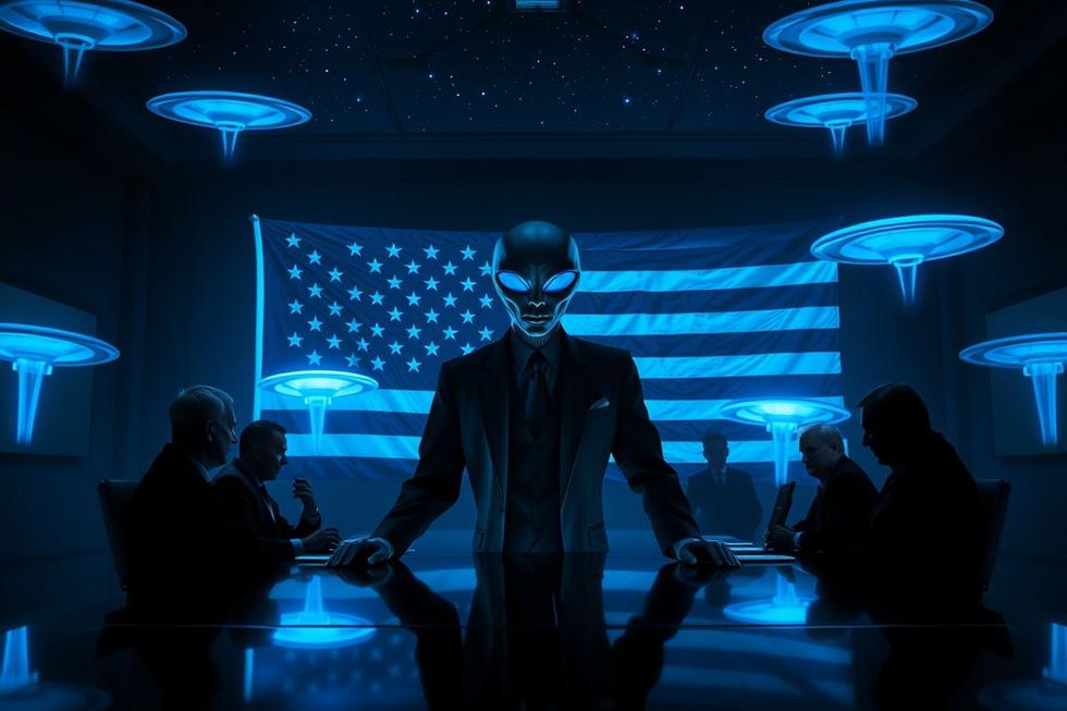 Imagem de capa mostrando alienígenas nórdicos, híbridos e reunião governamental em um cenário misterioso.