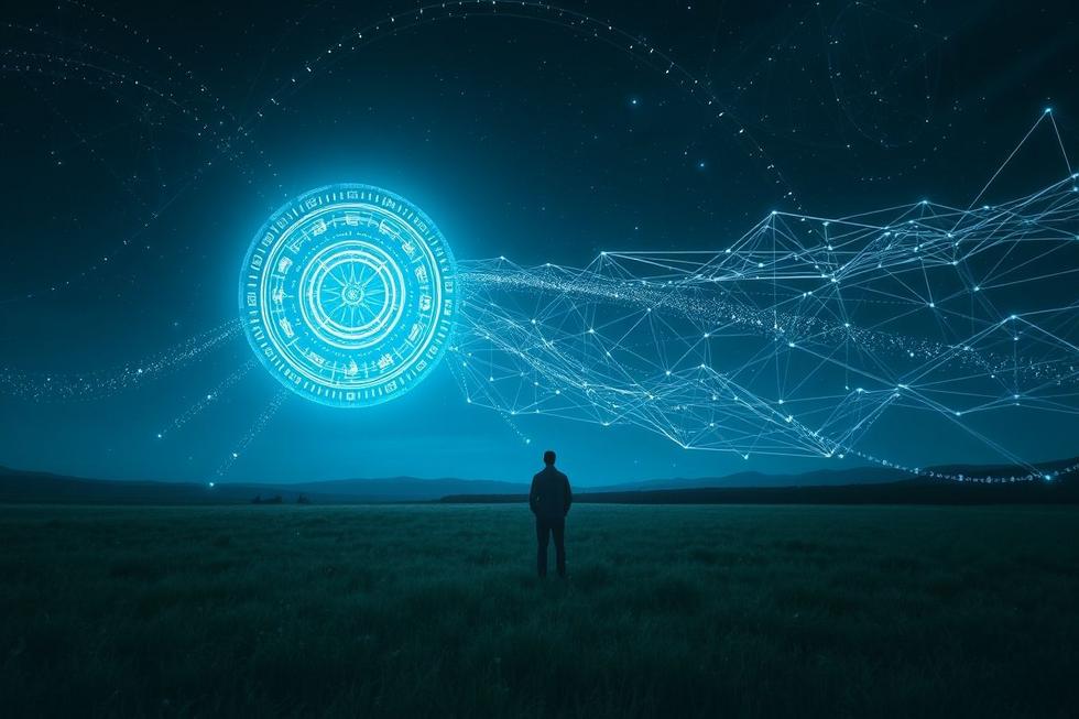 Figura solitária observando luzes ufológicas e símbolos digitais no céu noturno, com uma aura mística ao redor.