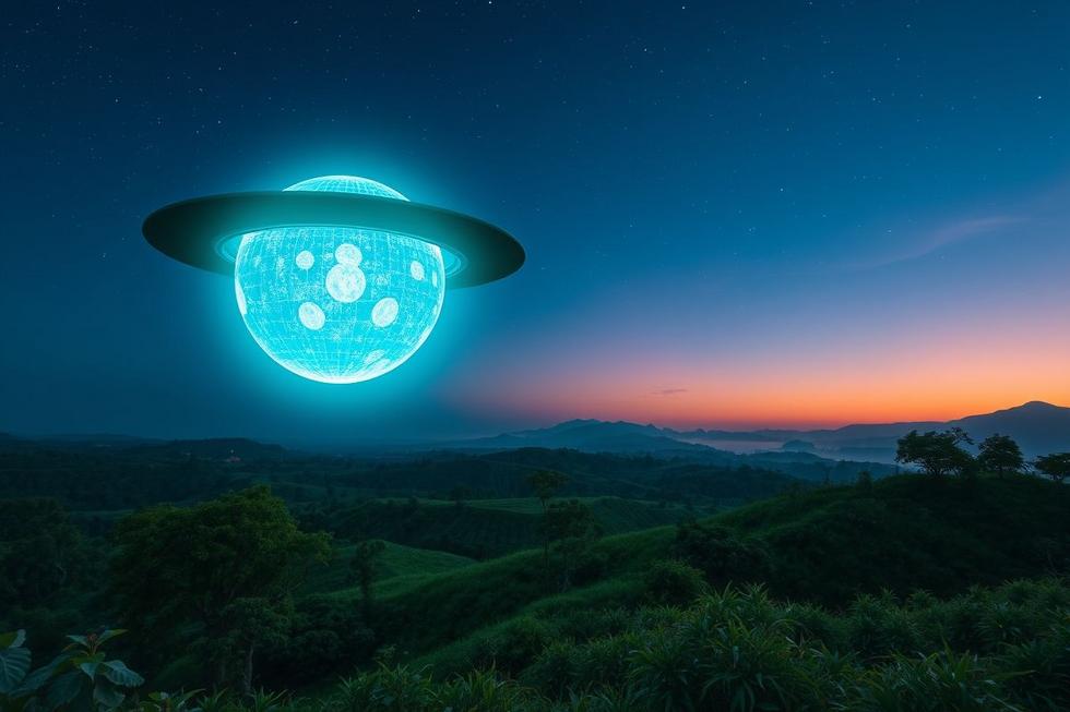 Esfera luminosa suspeita pairando sobre a paisagem natural em Buga ao entardecer
