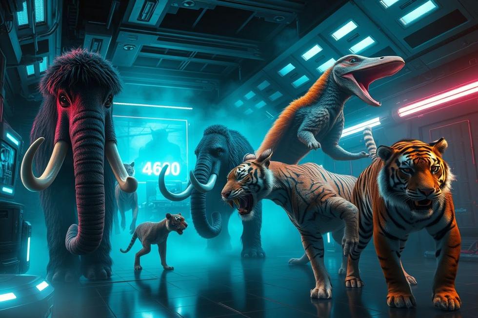 Imagem realista de animais extintos entre tecnologias de clonagem futuristas e luzes sobrenaturais, fundindo ciência e mistério