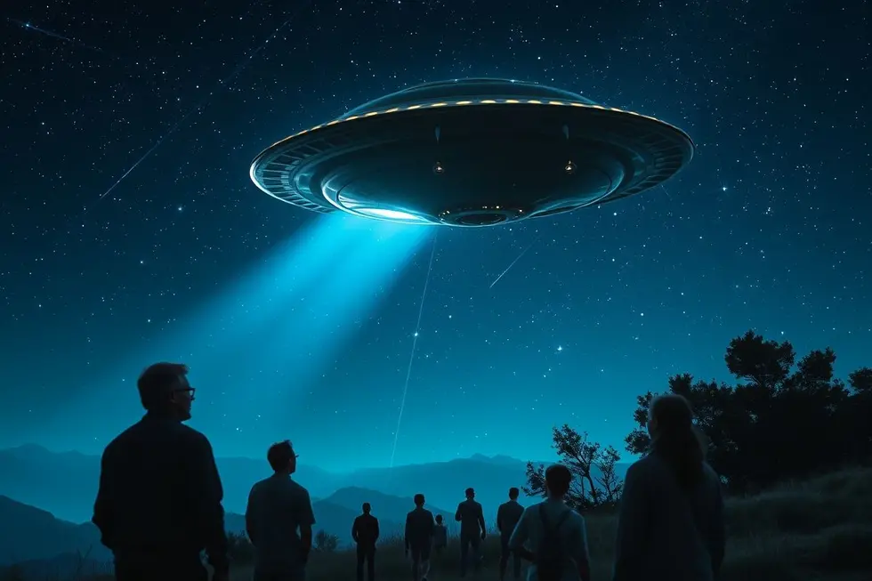 Nave alienígena flutuando silenciosamente sobre uma paisagem noturna enquanto pessoas observam o fenômeno com surpresa.