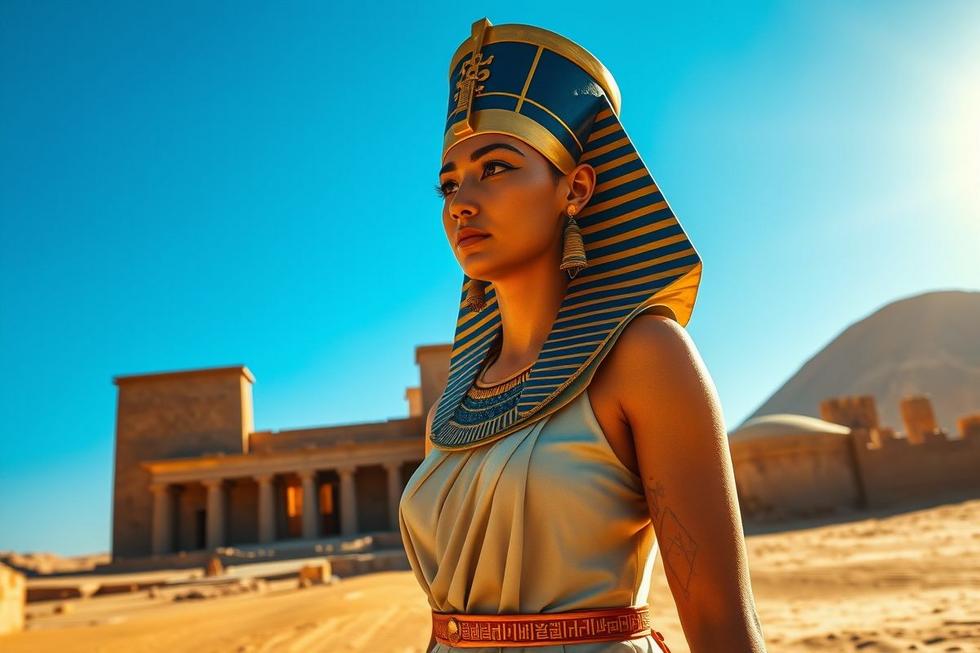 5 Segredos de Hatshepsut A Rainha-Faraó que quebrou todas as regras do Egito Antigo 1 Retrato fotorrealista de Hatshepsut vestida como faraó, em pé diante do templo Deir el-Bahari com o Nilo ao fundo.