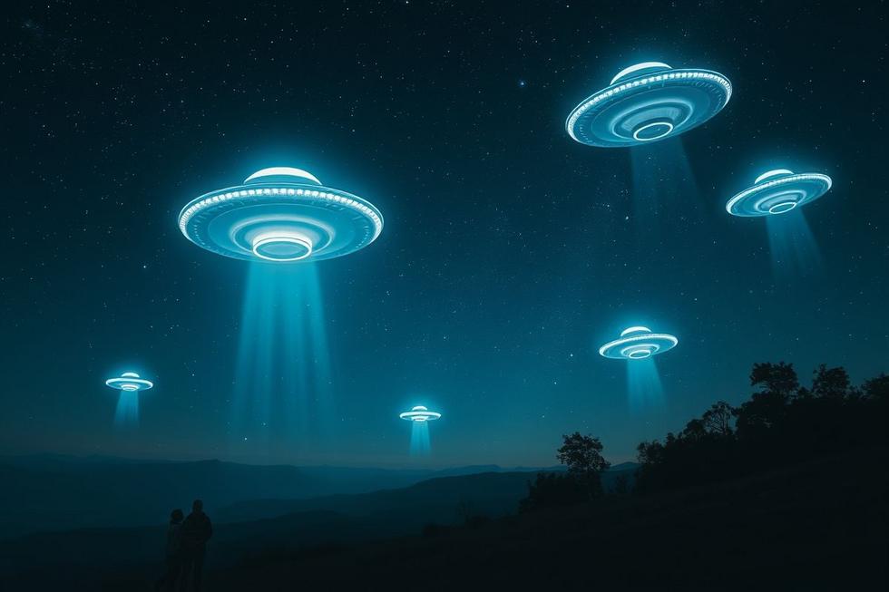 Paisagem noturna com OVNIs iluminados pairando no céu estrelado, destacando o mistério dos fenômenos extraterrestres.