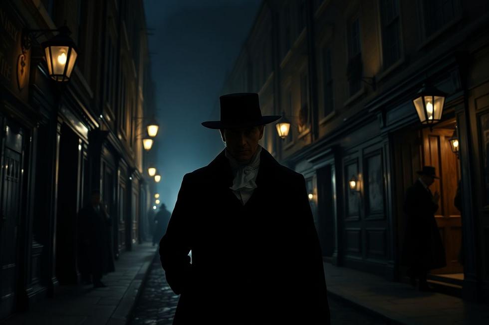 Imagem fotorrealista de uma rua noturna na Londres do século XVIII com figura central de Jonathan Wild.