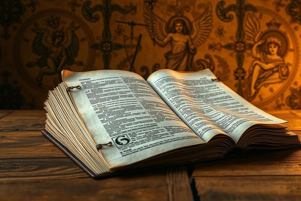 Manuscrito antigo exposto sobre uma mesa de madeira, com símbolos relacionados ao Cisma Luciferiano, iluminado por luz dourada suave.