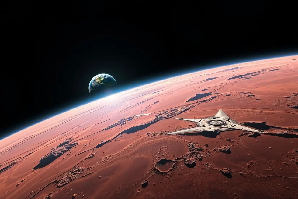Vista inspiradora de Marte com a Terra ao fundo.