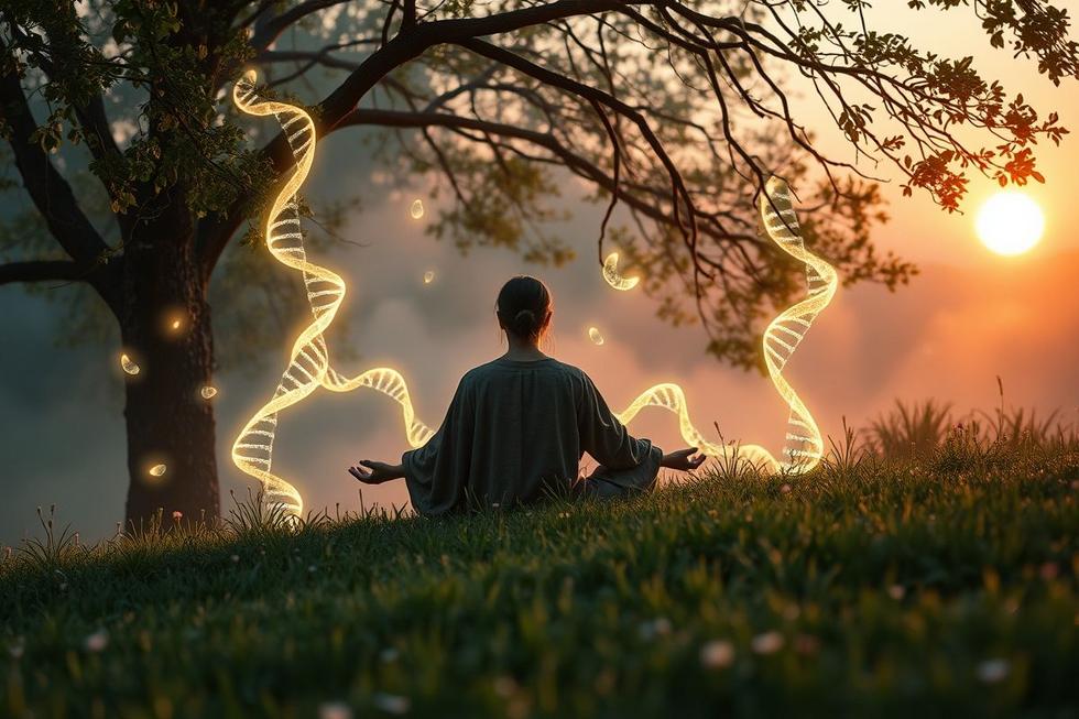 Imagem fotorrealista de meditação com cadeias de DNA e luz espiritual envolvendo a pessoa