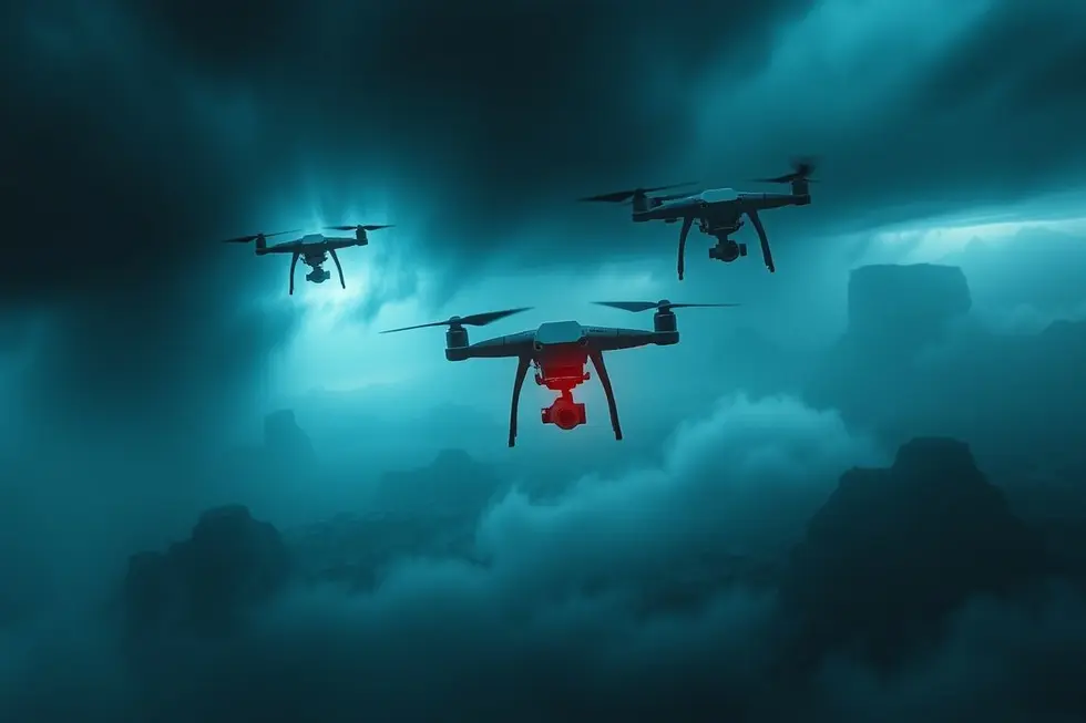 Design intrigante mostrando drones sobre uma paisagem desconhecida.