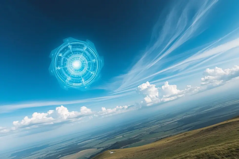 Objeto misterioso em um céu azul.