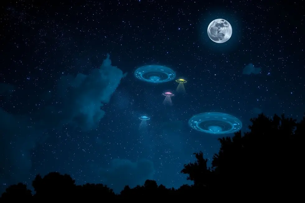 Céu noturno enigmático com luzes não identificadas.
