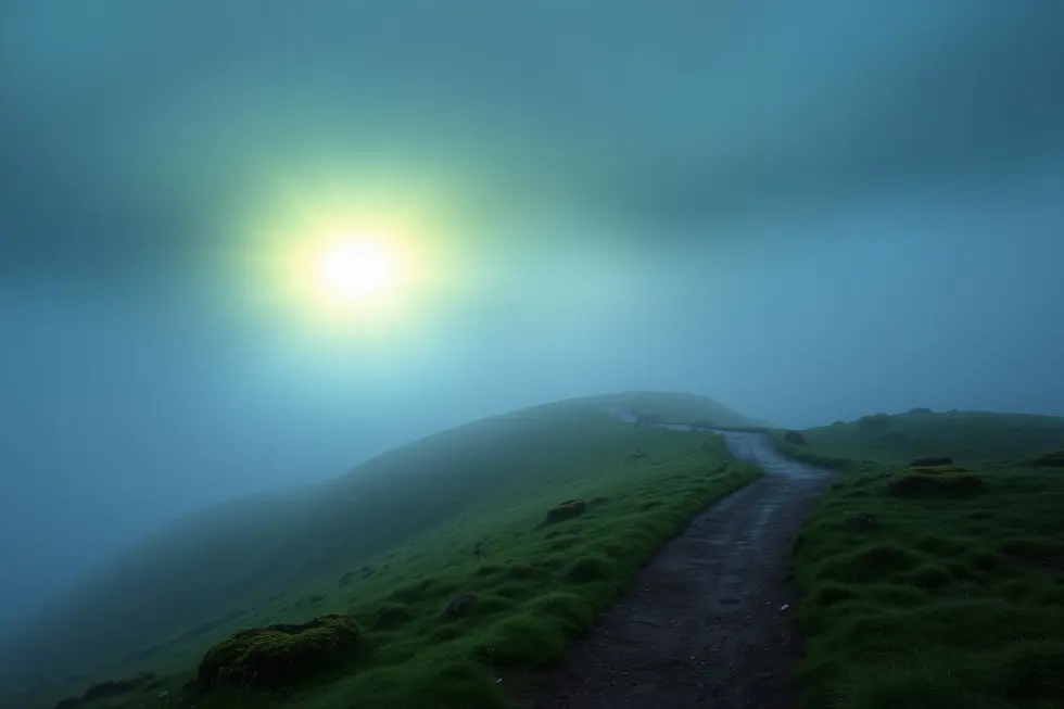 Caminho iluminado levando ao desconhecido.