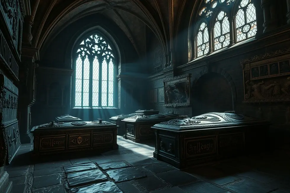 Interior da cripta de Notre-Dame com caixões de chumbo antigos em ambiente misterioso.