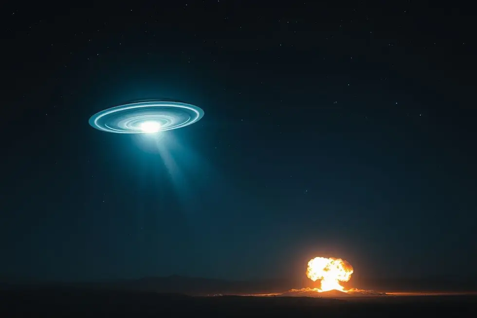 Imagem fotorrealista mostrando um objeto voador não identificado sendo abatido sobre um campo de teste nuclear à noite.
