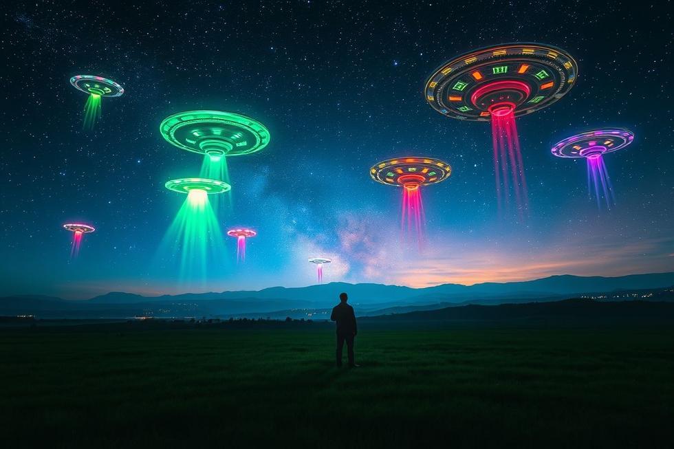 Céu escuro com objetos voadores não identificados iluminados e uma figura humana observando do solo.