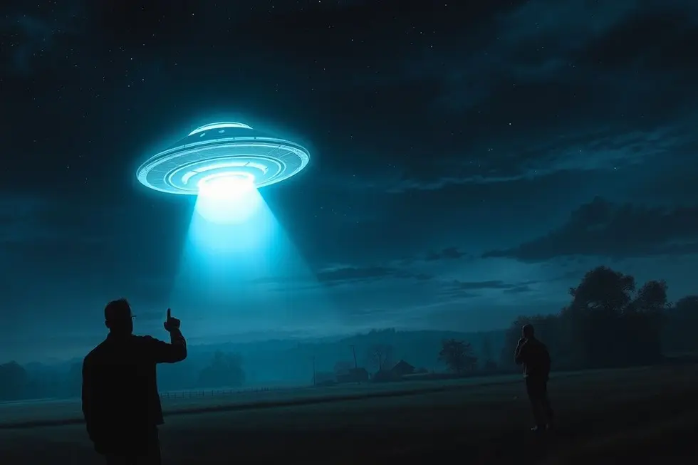 Objeto voador não identificado brilhando no céu noturno com pessoas observando fascinadas.