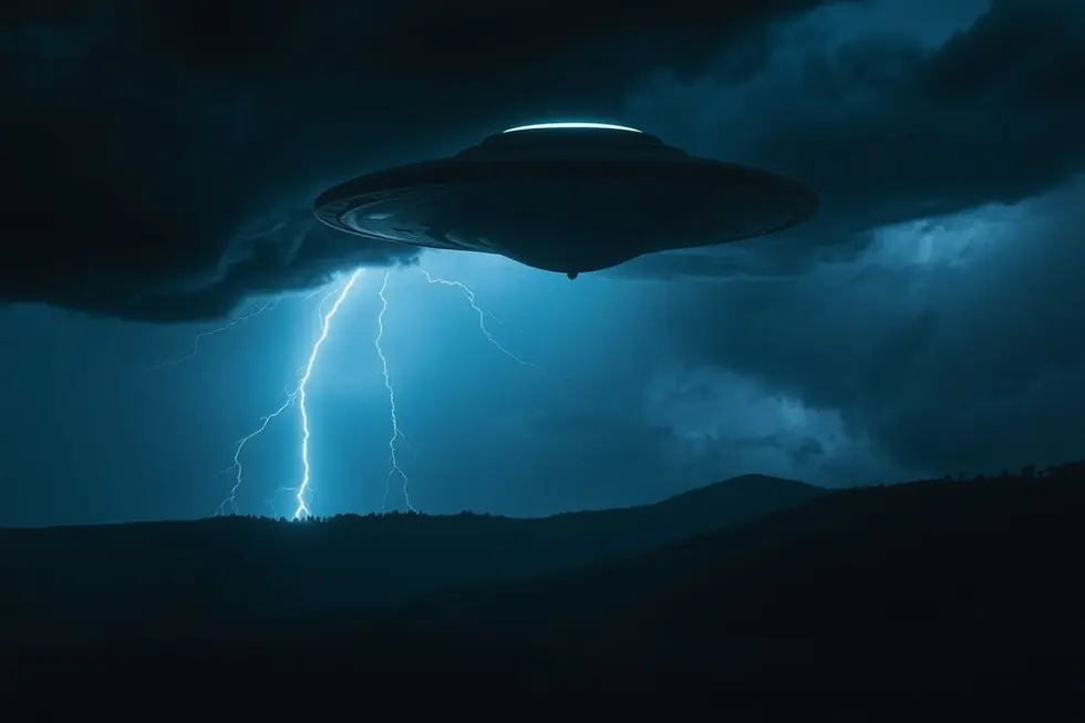 OVNI sobre um cenário de tempestade.