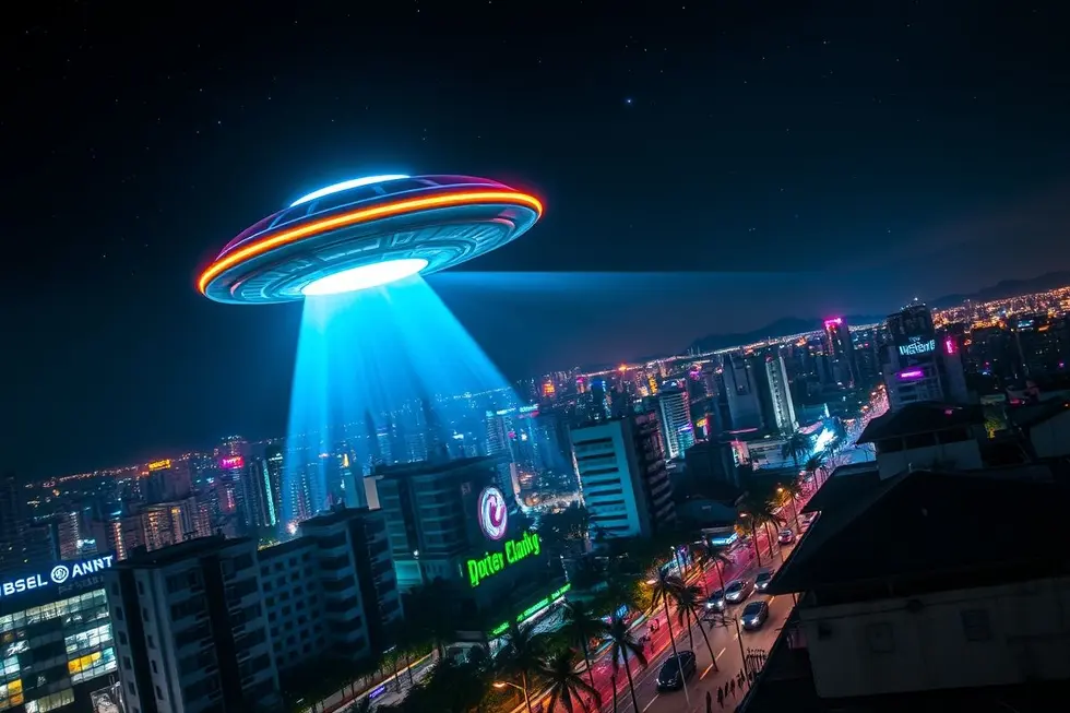 Um OVNI iluminando uma paisagem urbana brasileira à noite.