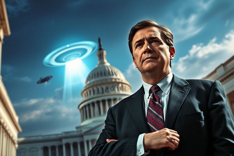 Imagem realista do senador Mike Rounds no Capitólio dos Estados Unidos com um UAP visível no céu ao fundo.