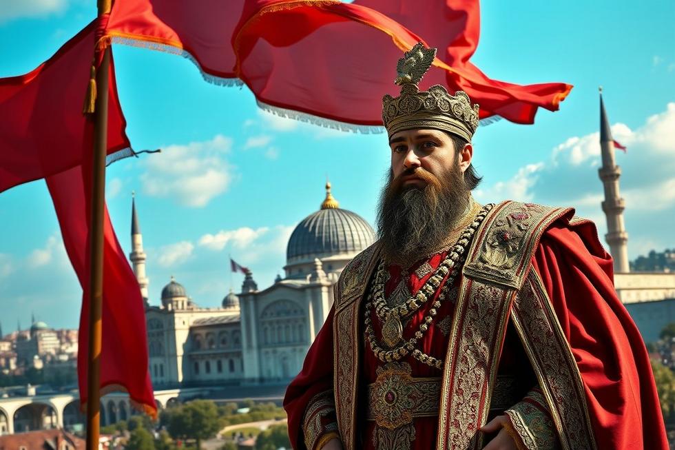 Imagem fotorrealista de Suleiman em trajes imperiais com o Palácio de Topkapi ao fundo e bandeiras otomanas ao vento.