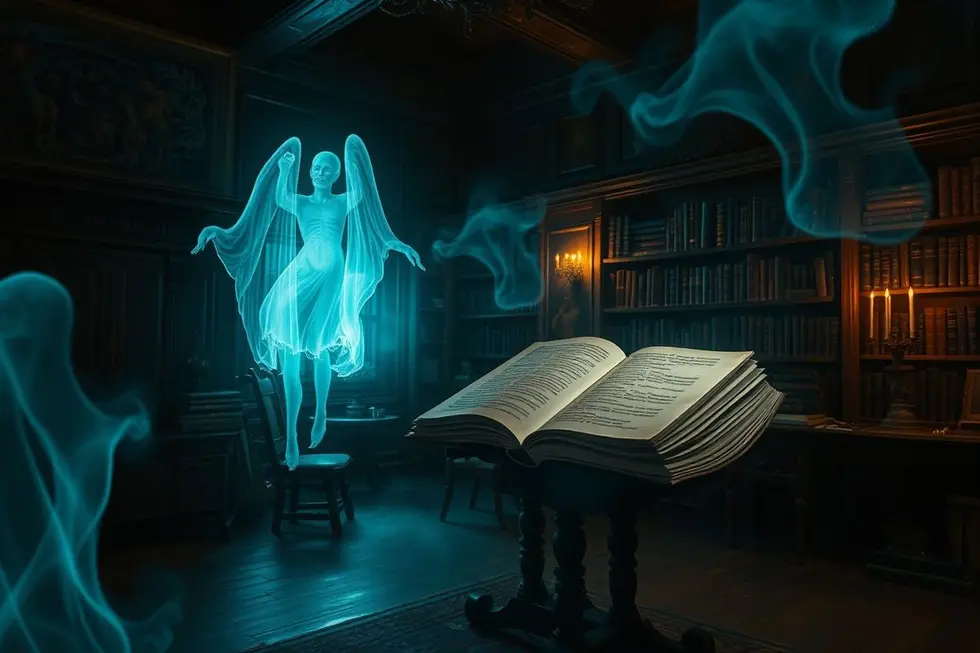 Sala de leitura vintage com livro antigo em pedestal, luzes fantasmagóricas e sombras misteriosas.
