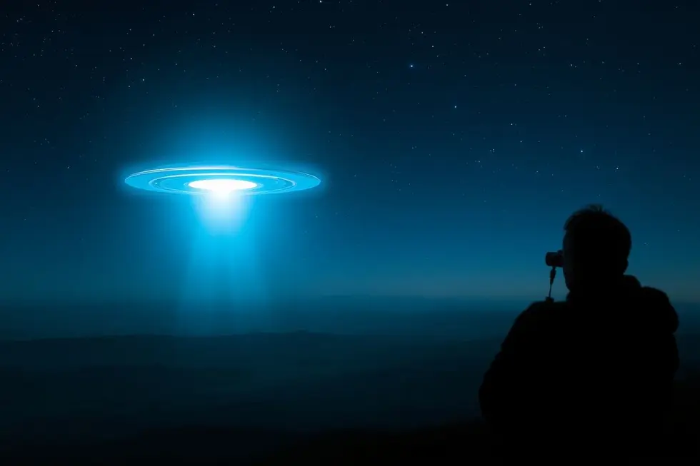 Objeto voador não identificado iluminando o céu à noite visto por um observador com binóculos.