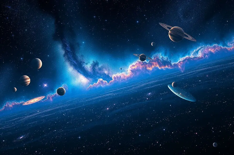 Imagem mostrando a vastidão do espaço com estrelas e galáxias.