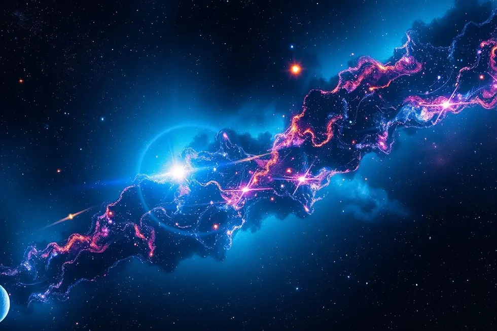 Uma nave alienígena contra o pano de fundo do universo.