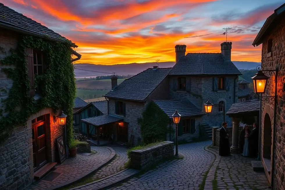 Vila medieval ao pôr do sol, sugerindo mistérios no ar.